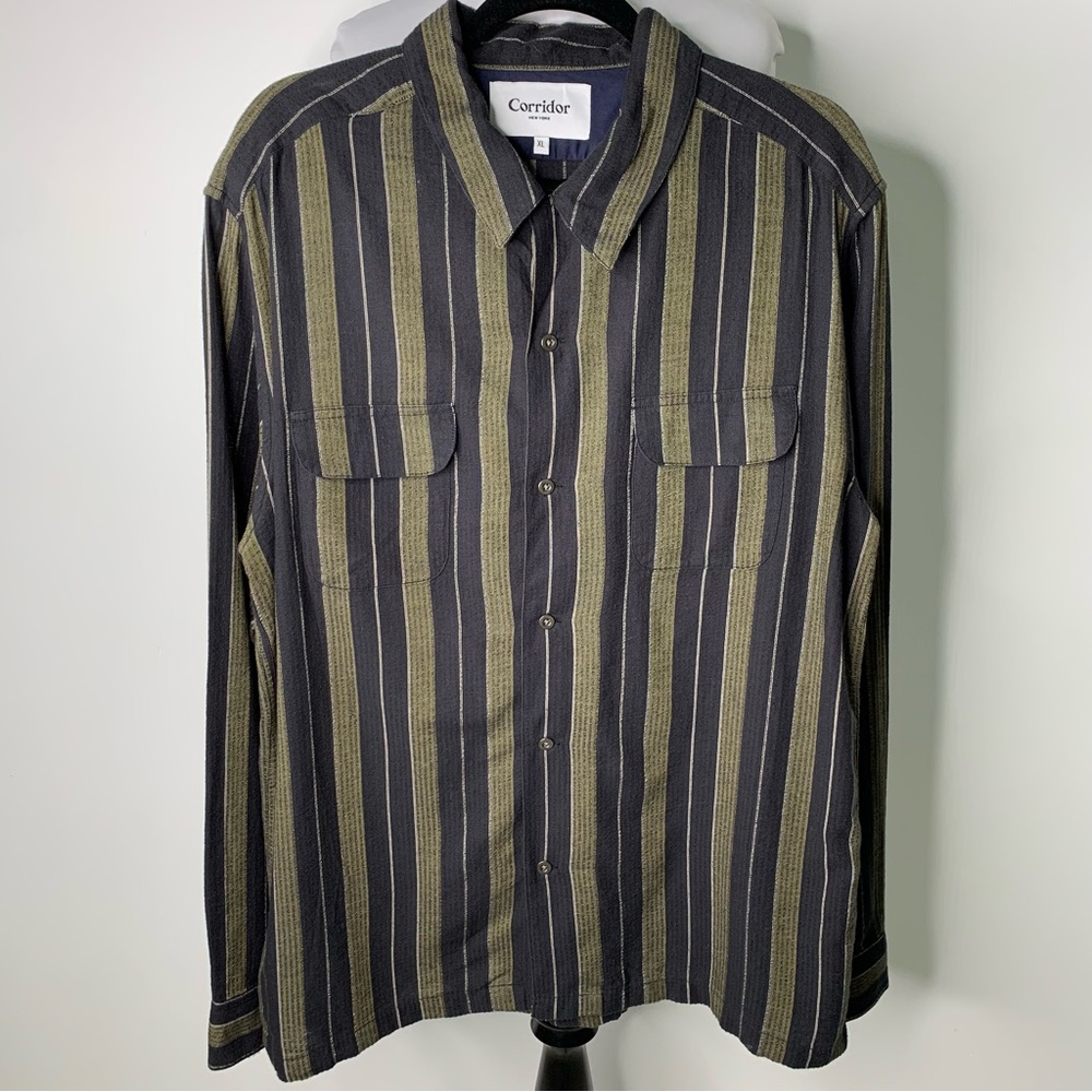 Corridor Men's 100% Cotton Green Striped Long Sleeve Button Down Shirt Size XL